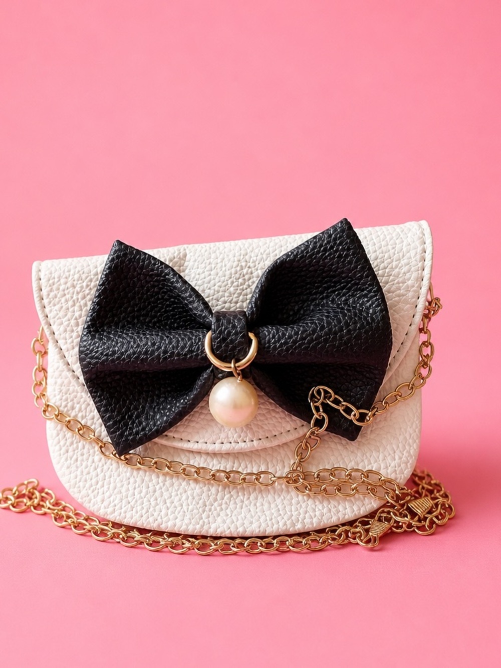 MWOT Doe A Dear Girls White Vegan Leather Mini Crossbody Black Bow & Pearl